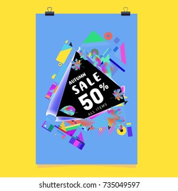 Autumn sale memphis style poster. Fashion and travel discount banner. Vector holiday Abstract colorful illustration with special offer and promotion.