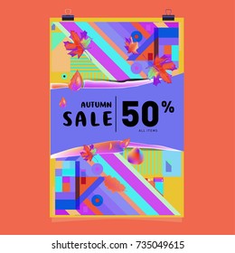 Autumn sale memphis style poster. Fashion and travel discount banner. Vector holiday Abstract colorful illustration with special offer and promotion.