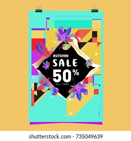 Autumn sale memphis style poster. Fashion and travel discount banner. Vector holiday Abstract colorful illustration with special offer and promotion.