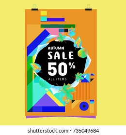 Autumn sale memphis style poster. Fashion and travel discount banner. Vector holiday Abstract colorful illustration with special offer and promotion.