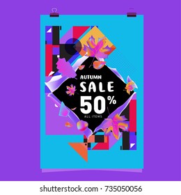Autumn sale memphis style poster. Fashion and travel discount banner. Vector holiday Abstract colorful illustration with special offer and promotion.