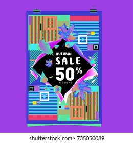 Autumn sale memphis style poster. Fashion and travel discount banner. Vector holiday Abstract colorful illustration with special offer and promotion.