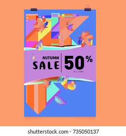 Autumn sale memphis style poster. Fashion and travel discount banner. Vector holiday Abstract colorful illustration with special offer and promotion.