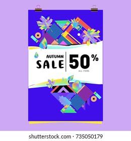 Autumn sale memphis style poster. Fashion and travel discount banner. Vector holiday Abstract colorful illustration with special offer and promotion.