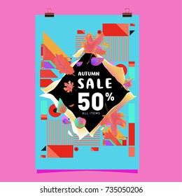 Autumn sale memphis style poster. Fashion and travel discount banner. Vector holiday Abstract colorful illustration with special offer and promotion.