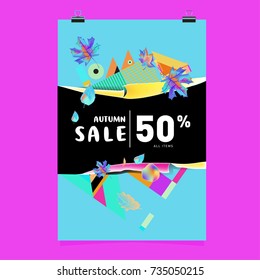 Autumn sale memphis style poster. Fashion and travel discount banner. Vector holiday Abstract colorful illustration with special offer and promotion.
