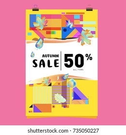 Autumn sale memphis style poster. Fashion and travel discount banner. Vector holiday Abstract colorful illustration with special offer and promotion.