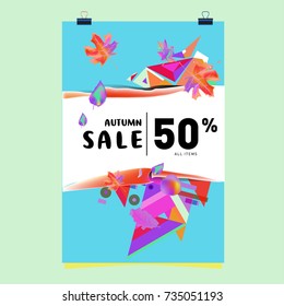 Autumn sale memphis style poster. Fashion and travel discount banner. Vector holiday Abstract colorful illustration with special offer and promotion.