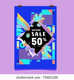 Autumn sale memphis style poster. Fashion and travel discount banner. Vector holiday Abstract colorful illustration with special offer and promotion.