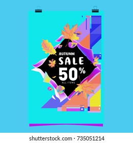 Autumn sale memphis style poster. Fashion and travel discount banner. Vector holiday Abstract colorful illustration with special offer and promotion.