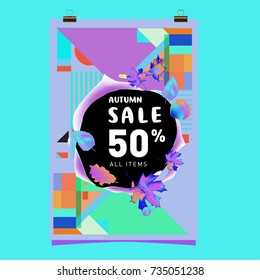Autumn sale memphis style poster. Fashion and travel discount banner. Vector holiday Abstract colorful illustration with special offer and promotion.