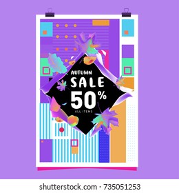 Autumn sale memphis style poster. Fashion and travel discount banner. Vector holiday Abstract colorful illustration with special offer and promotion.