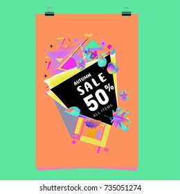 Autumn sale memphis style poster. Fashion and travel discount banner. Vector holiday Abstract colorful illustration with special offer and promotion.