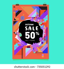 Autumn sale memphis style poster. Fashion and travel discount banner. Vector holiday Abstract colorful illustration with special offer and promotion.