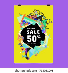 Autumn sale memphis style poster. Fashion and travel discount banner. Vector holiday Abstract colorful illustration with special offer and promotion.