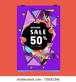 Autumn sale memphis style poster. Fashion and travel discount banner. Vector holiday Abstract colorful illustration with special offer and promotion.