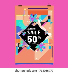 Autumn sale memphis style poster. Fashion and travel discount banner. Vector holiday Abstract colorful illustration with special offer and promotion.