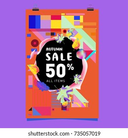 Autumn sale memphis style poster. Fashion and travel discount banner. Vector holiday Abstract colorful illustration with special offer and promotion.