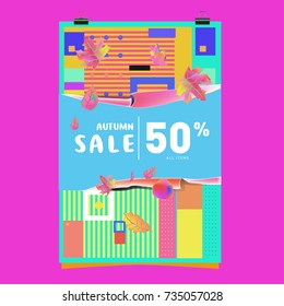 Autumn sale memphis style poster. Fashion and travel discount banner. Vector holiday Abstract colorful illustration with special offer and promotion.