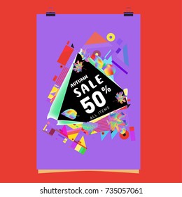 Autumn sale memphis style poster. Fashion and travel discount banner. Vector holiday Abstract colorful illustration with special offer and promotion.