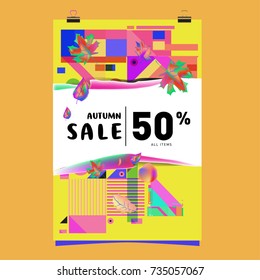 Autumn sale memphis style poster. Fashion and travel discount banner. Vector holiday Abstract colorful illustration with special offer and promotion.