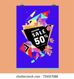 Autumn sale memphis style poster. Fashion and travel discount banner. Vector holiday Abstract colorful illustration with special offer and promotion.