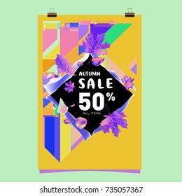 Autumn sale memphis style poster. Fashion and travel discount banner. Vector holiday Abstract colorful illustration with special offer and promotion.