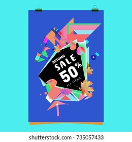 Autumn sale memphis style poster. Fashion and travel discount banner. Vector holiday Abstract colorful illustration with special offer and promotion.