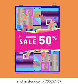 Autumn sale memphis style poster. Fashion and travel discount banner. Vector holiday Abstract colorful illustration with special offer and promotion.