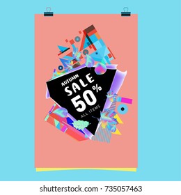 Autumn sale memphis style poster. Fashion and travel discount banner. Vector holiday Abstract colorful illustration with special offer and promotion.
