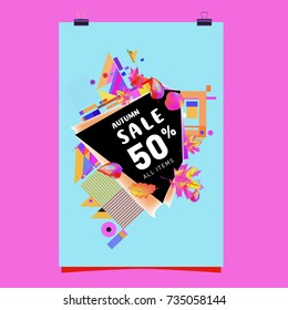 Autumn sale memphis style poster. Fashion and travel discount banner. Vector holiday Abstract colorful illustration with special offer and promotion.