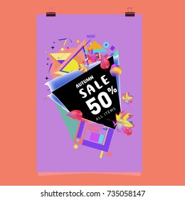 Autumn sale memphis style poster. Fashion and travel discount banner. Vector holiday Abstract colorful illustration with special offer and promotion.