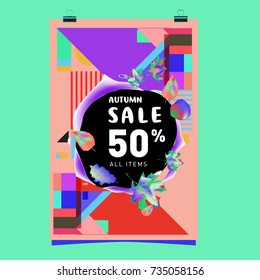 Autumn sale memphis style poster. Fashion and travel discount banner. Vector holiday Abstract colorful illustration with special offer and promotion.