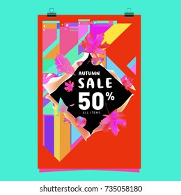 Autumn sale memphis style poster. Fashion and travel discount banner. Vector holiday Abstract colorful illustration with special offer and promotion.