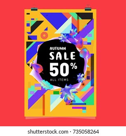 Autumn sale memphis style poster. Fashion and travel discount banner. Vector holiday Abstract colorful illustration with special offer and promotion.