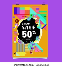 Autumn sale memphis style poster. Fashion and travel discount banner. Vector holiday Abstract colorful illustration with special offer and promotion.