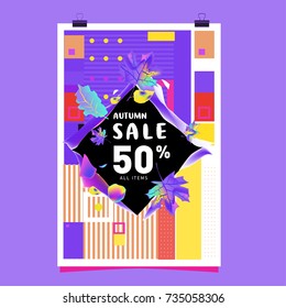 Autumn sale memphis style poster. Fashion and travel discount banner. Vector holiday Abstract colorful illustration with special offer and promotion.