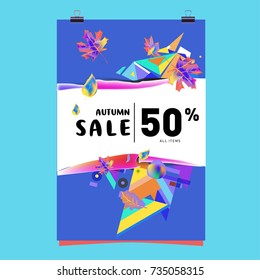 Autumn sale memphis style poster. Fashion and travel discount banner. Vector holiday Abstract colorful illustration with special offer and promotion.