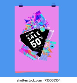 Autumn sale memphis style poster. Fashion and travel discount banner. Vector holiday Abstract colorful illustration with special offer and promotion.