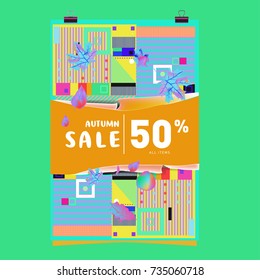 Autumn sale memphis style poster. Fashion and travel discount banner. Vector holiday Abstract colorful illustration with special offer and promotion.