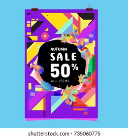 Autumn sale memphis style poster. Fashion and travel discount banner. Vector holiday Abstract colorful illustration with special offer and promotion.