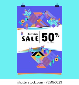 Autumn sale memphis style poster. Fashion and travel discount banner. Vector holiday Abstract colorful illustration with special offer and promotion.