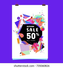 Autumn sale memphis style poster. Fashion and travel discount banner. Vector holiday Abstract colorful illustration with special offer and promotion.
