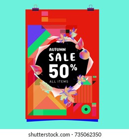 Autumn sale memphis style poster. Fashion and travel discount banner. Vector holiday Abstract colorful illustration with special offer and promotion.