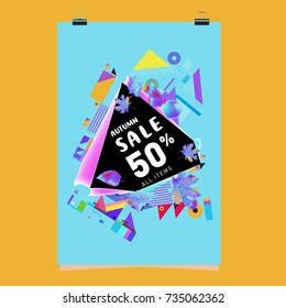 Autumn sale memphis style poster. Fashion and travel discount banner. Vector holiday Abstract colorful illustration with special offer and promotion.