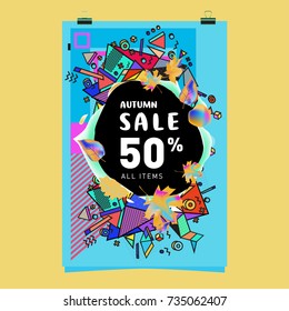 Autumn sale memphis style poster. Fashion and travel discount banner. Vector holiday Abstract colorful illustration with special offer and promotion.