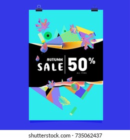 Autumn sale memphis style poster. Fashion and travel discount banner. Vector holiday Abstract colorful illustration with special offer and promotion.