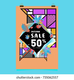 Autumn sale memphis style poster. Fashion and travel discount banner. Vector holiday Abstract colorful illustration with special offer and promotion.