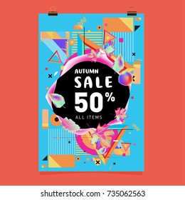 Autumn sale memphis style poster. Fashion and travel discount banner. Vector holiday Abstract colorful illustration with special offer and promotion.