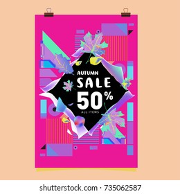 Autumn sale memphis style poster. Fashion and travel discount banner. Vector holiday Abstract colorful illustration with special offer and promotion.